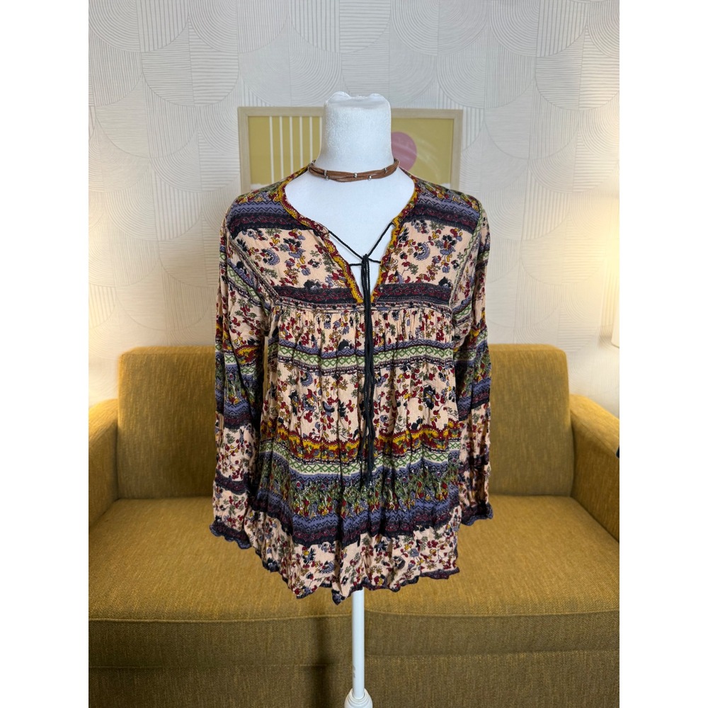 Gypsy Rose Women Floral Paisley Boho Peasant Blouse Lace Up V-Neck Top Multi